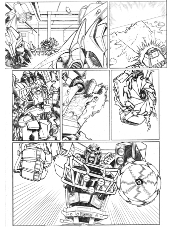 Original pencils for the story 'Twilight's Last Gleaming' part 4, set in an alternative universe, after the first Transformers movie