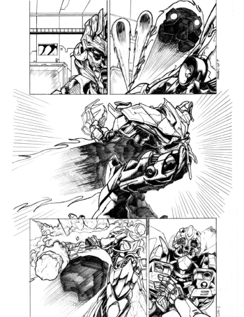 Original pencils for the story 'Twilight's Last Gleaming' part 4, set in an alternative universe, after the first Transformers movie
