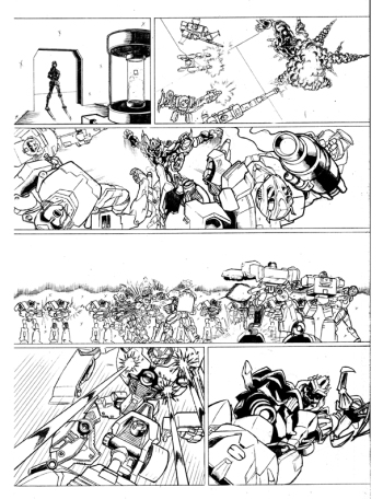 Original pencils for the story 'Twilight's Last Gleaming' part 4, set in an alternative universe, after the first Transformers movie